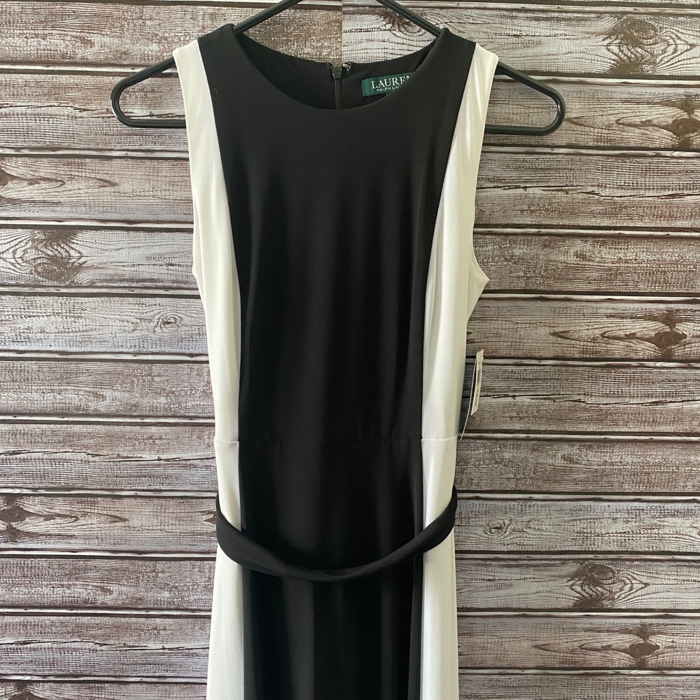 Lauren Ralph Lauren Women's Sleeveless Dress Size 2P Petite Black White Belt NWT